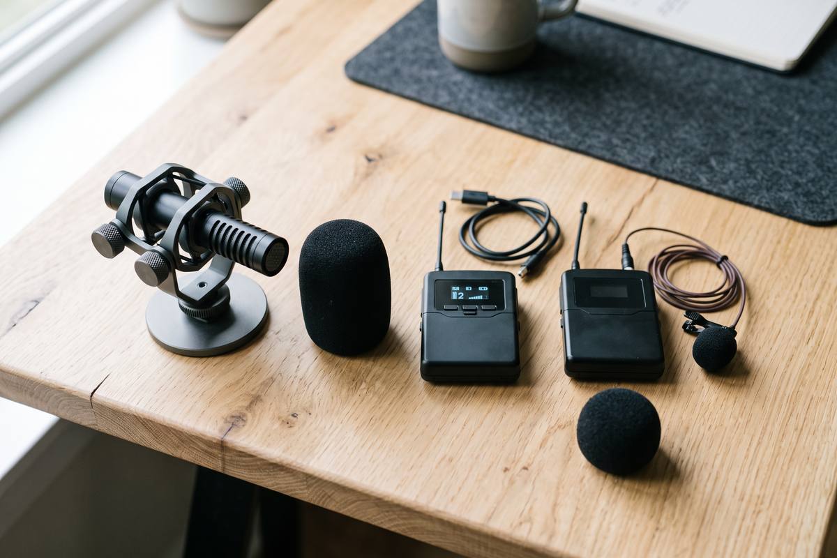 Compact shotgun microphone with a lavalier kit on a desk