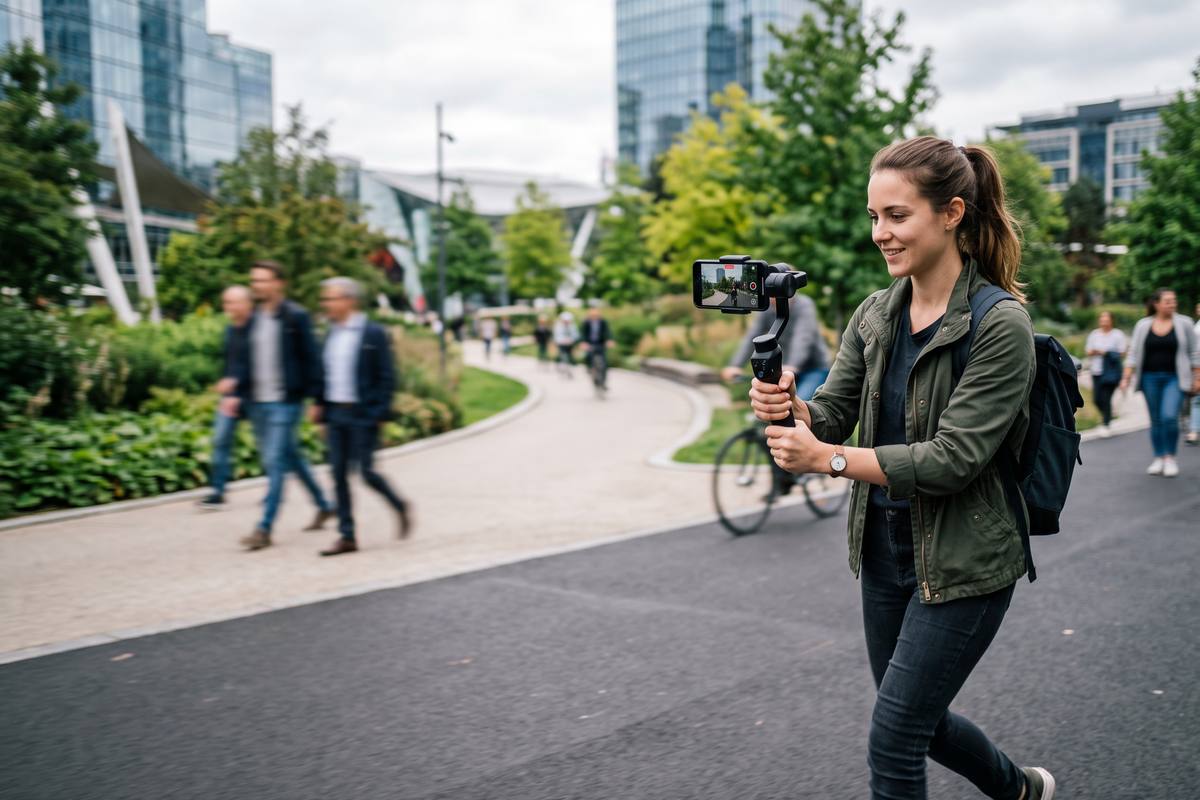 Person filming with a handheld gimbal and a phone in a park