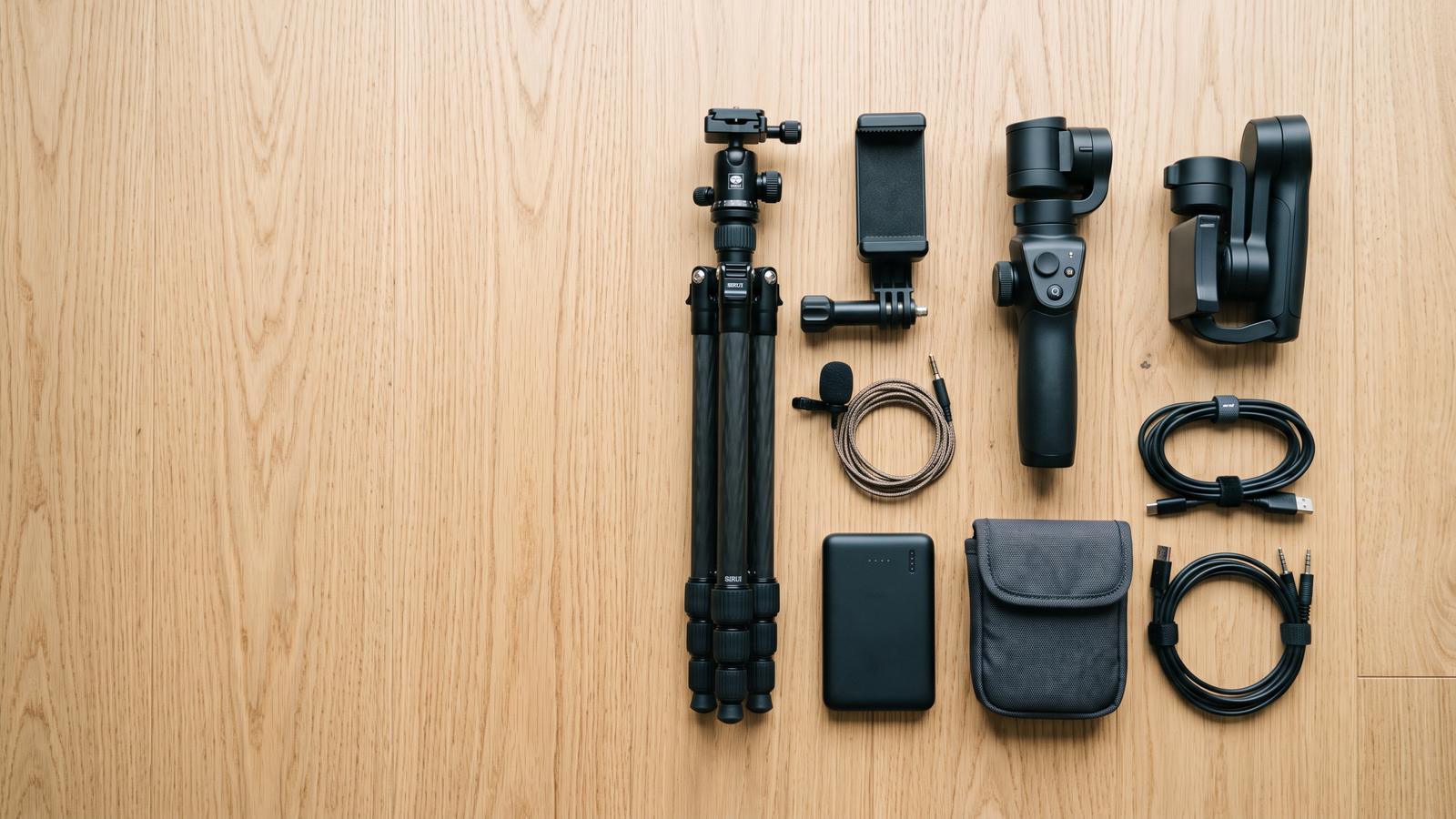 Flat lay of creator gear including a tripod, phone clamp, microphone and cables
