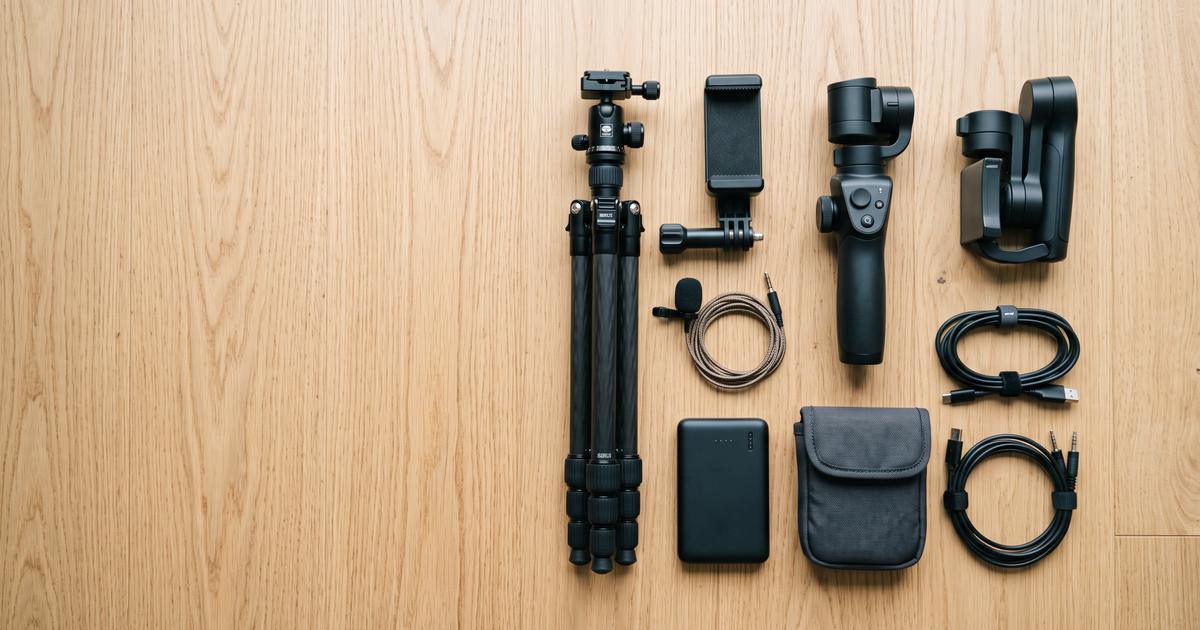 Open bag with phone video equipment arranged inside